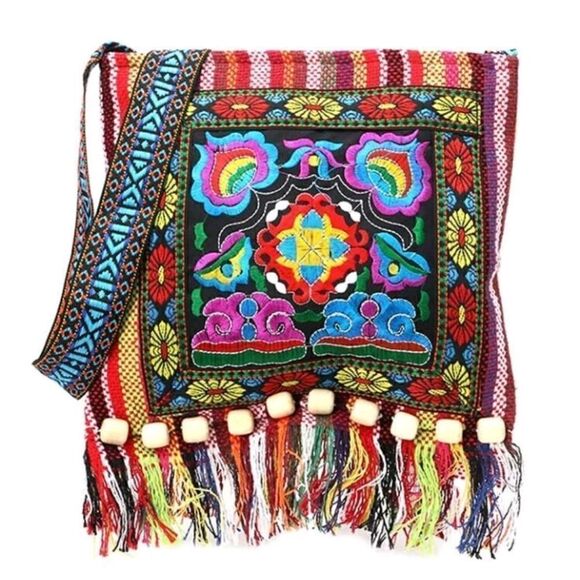 Gypsy Hobo Quilted Embroidered Color Block Tassel Messenger Crossbodty Bag Purse - Picture 1 of 7